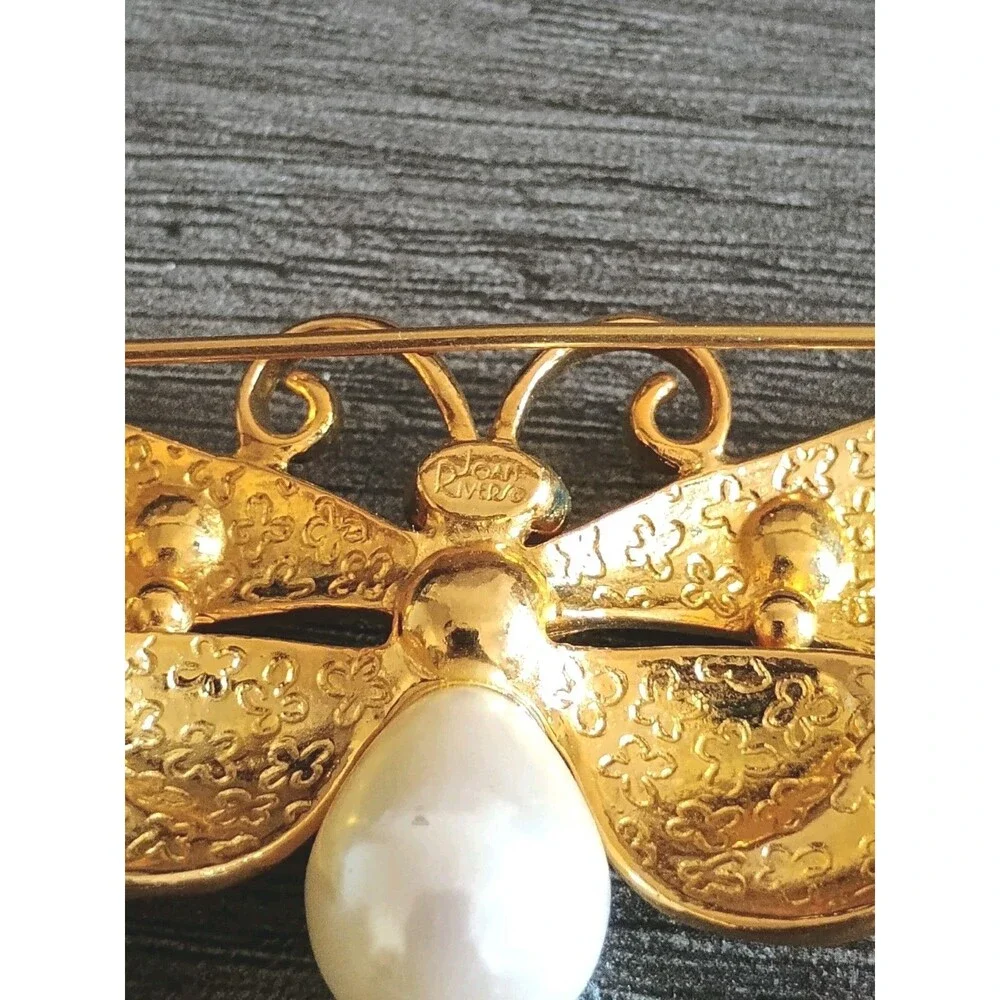 Joan Rivers Butterfly Red Green Purple Enamel Rhinestone Faux Pearl Brooch Vint